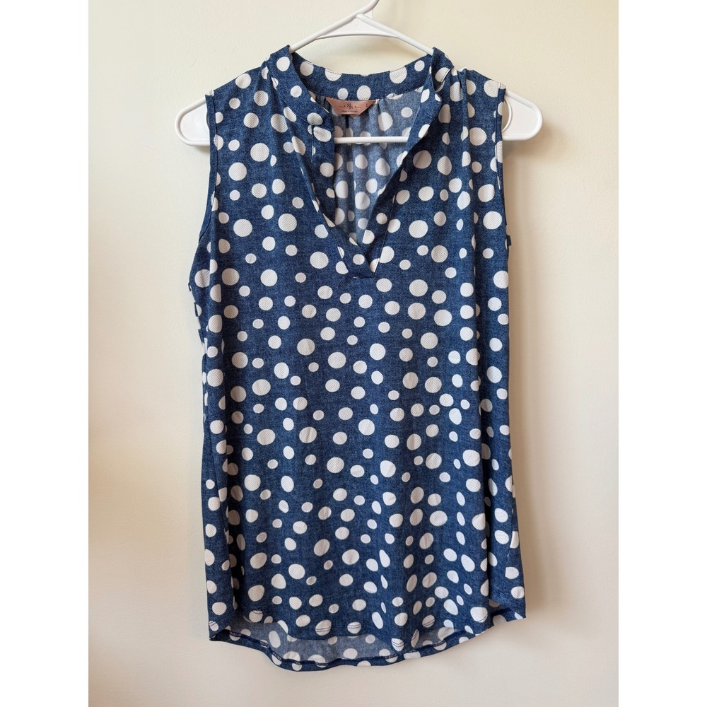 SJS Womens Blue White Polka Dot Sleeveless V-Neck Blouse Top Size Large